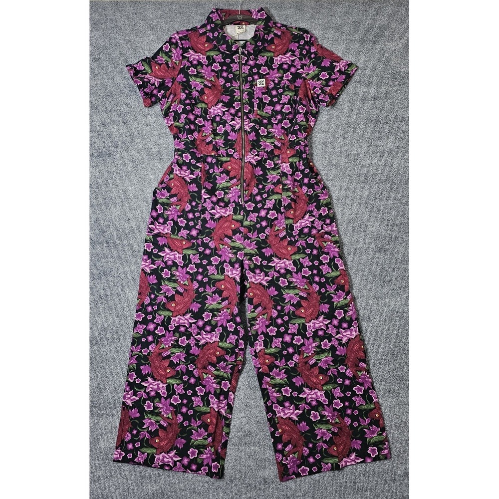Lucy And Yak Ragan Jumpsuit Pink Koi Fish Floral UK 16 US 12 Stretch Full Zip
